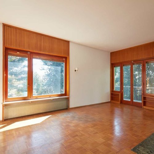Old room, living room interior in old house with garden